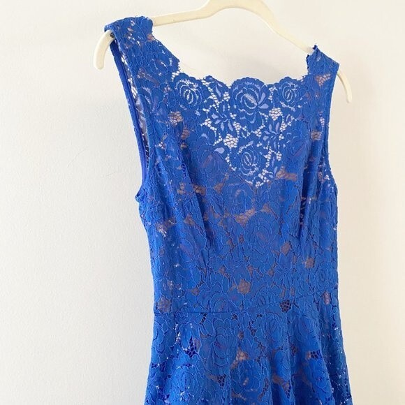 Anthropologie Tracy Reese Cerulean Sky Cobalt Blue Lace Asymmetrical Midi Dress - Picture 3 of 11